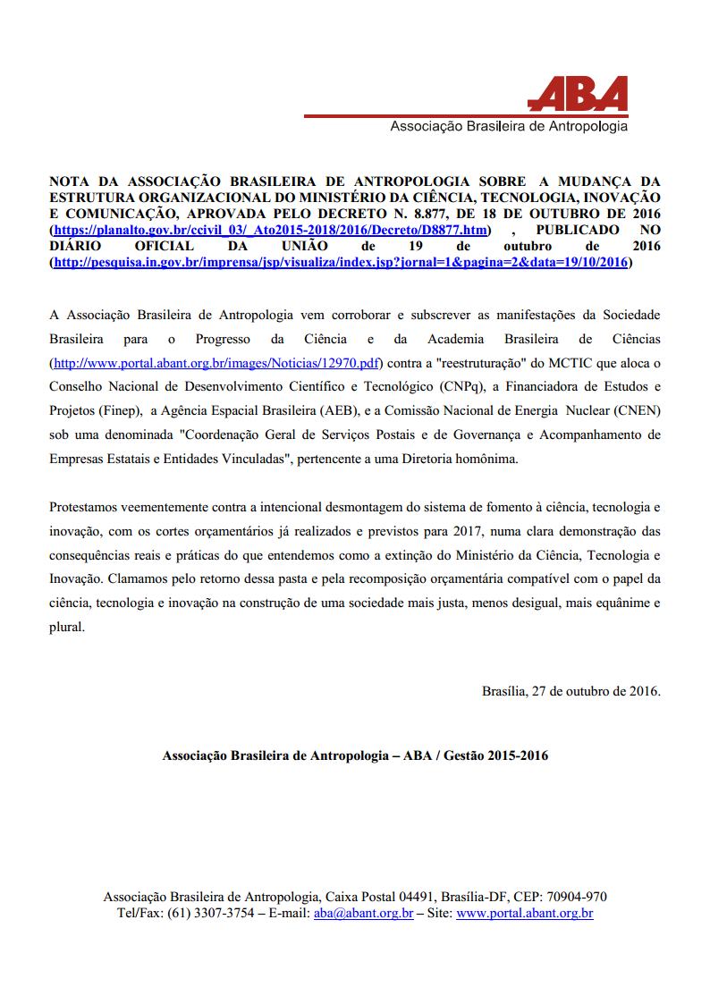 Manifestos sobre a proposta de estrutura organizacional do Ministrio da Cincia, Tecnologia, Inovao e Comunicao, aprovada pelo Decreto N. 8.877, de 18 de outubro de 2016