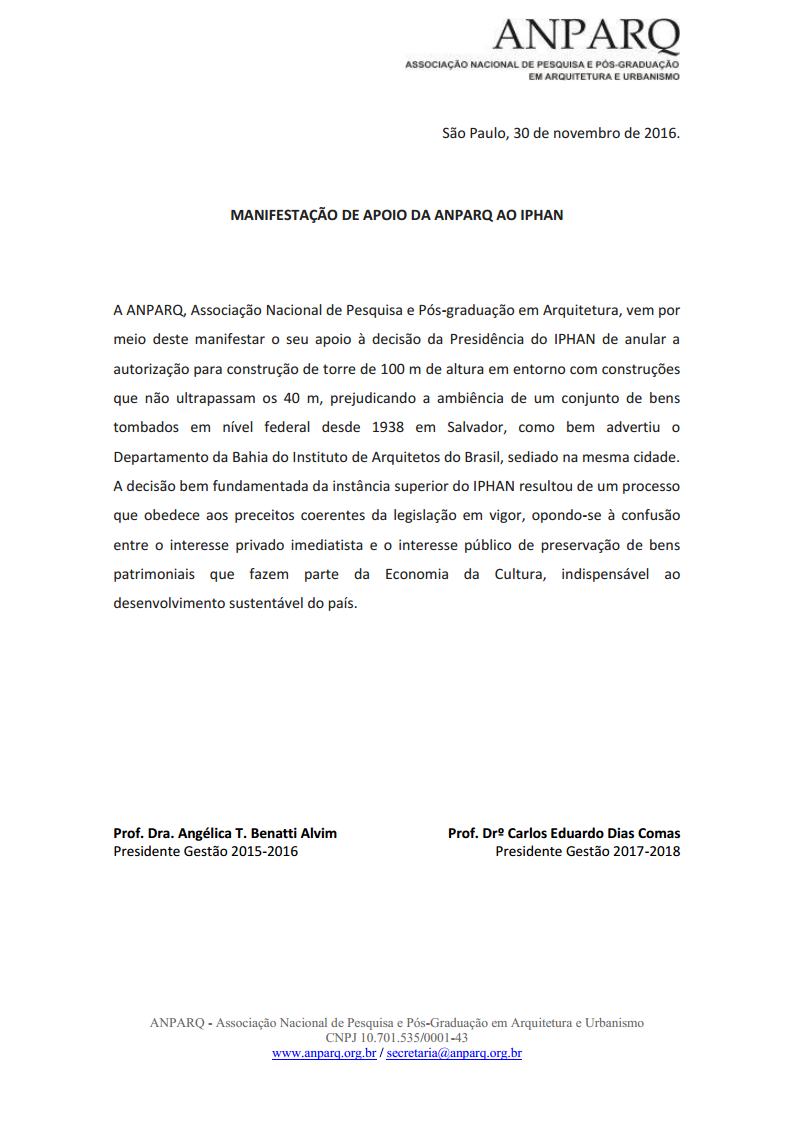 Manifestao de apoio da ANPARQ ao IPHAN